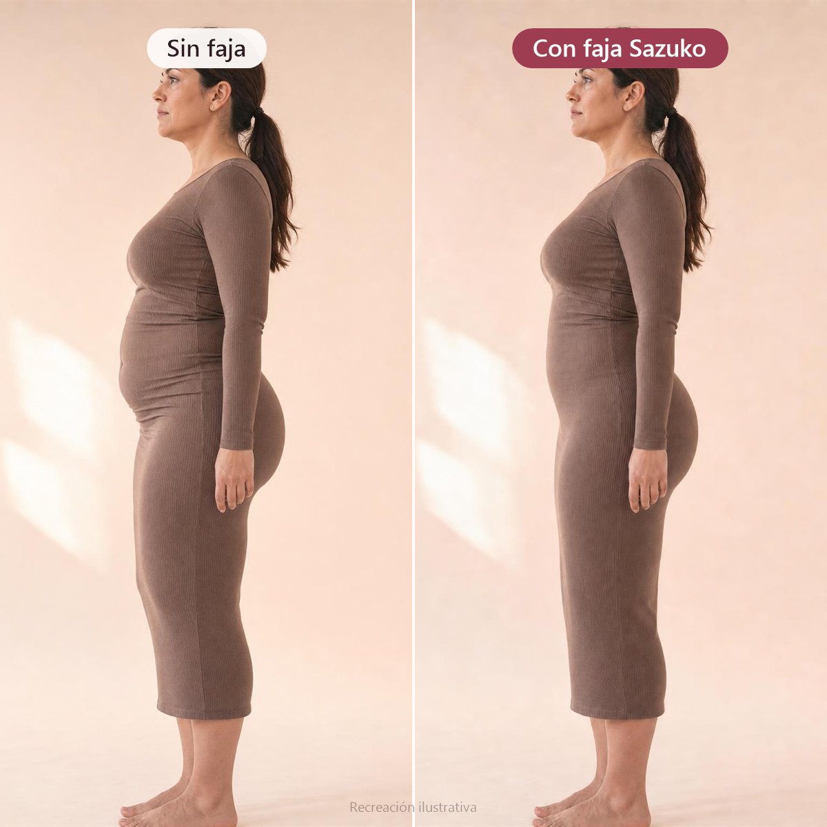Sazuko – sin faja y con faja bajo el mismo vestido (recreación ilustrativa)