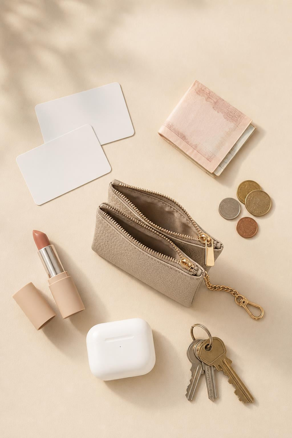 Monedero Sazuko abierto con tarjetas, billete, monedas, pintalabios y auriculares